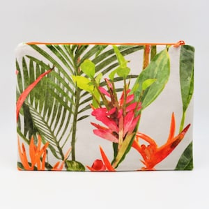 Bolsa de maquillaje con flores tropicales, 25 x 18 cm, neceser de terciopelo, estuche con hojas tropicales, cartera gris, regalo para el Día de la Madre.