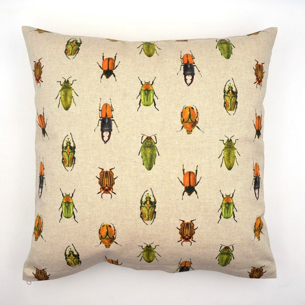 decorative cushion cover with green beetle motif, 40 x 40 cm, 30 x 50 cm, beige cushion cover, orange beetles, brown beetles, Mother's Day gift