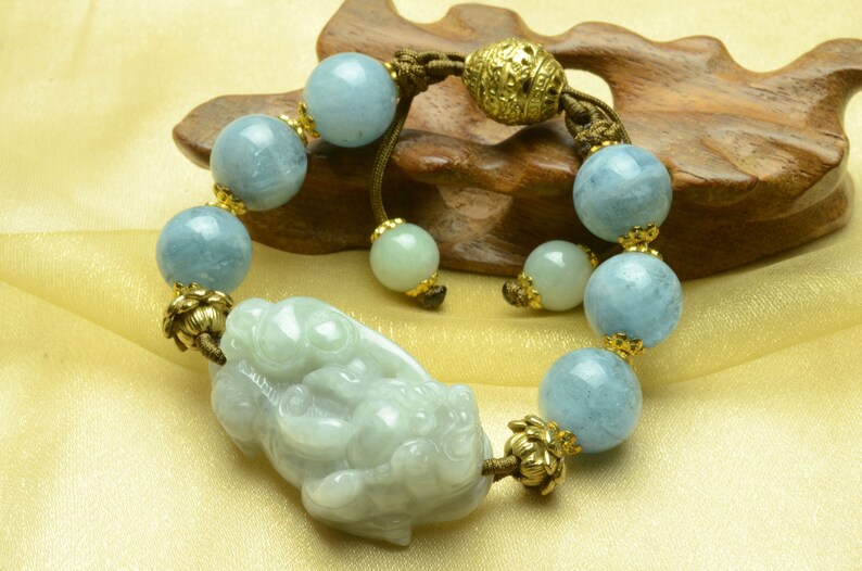 Money Rolling In Elegant Jade Tiger Amulet Aquamarine Beaded Bracelet-Feng Sui Energy Jewelry image 4