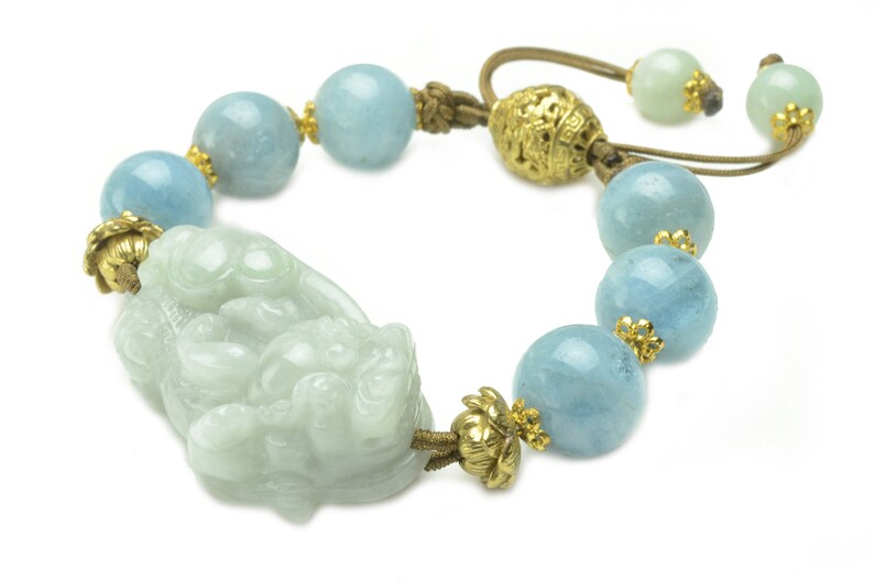 Money Rolling In Elegant Jade Tiger Amulet Aquamarine Beaded Bracelet-Feng Sui Energy Jewelry image 2