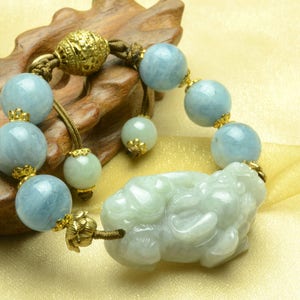 Money Rolling In Elegant Jade Tiger Amulet Aquamarine Beaded Bracelet-Feng Sui Energy Jewelry image 3