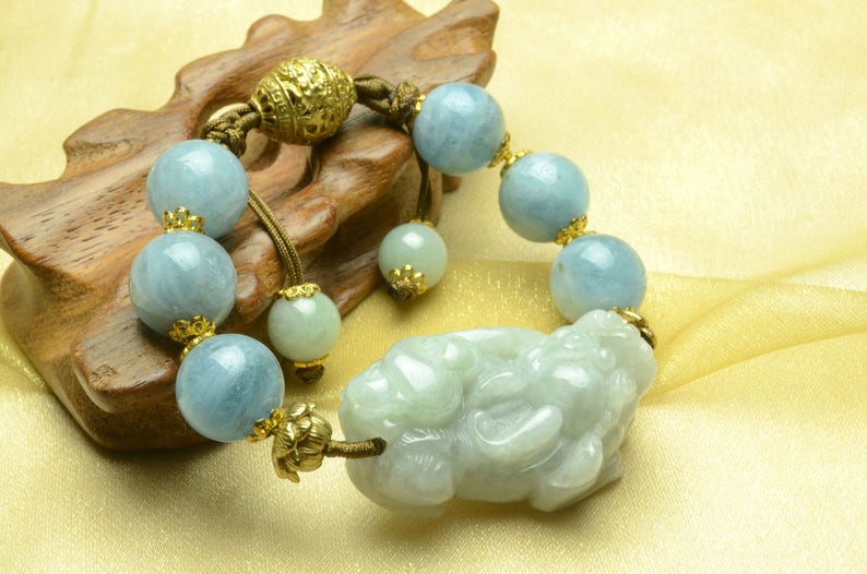 Money Rolling In Elegant Jade Tiger Amulet Aquamarine Beaded Bracelet-Feng Sui Energy Jewelry image 3