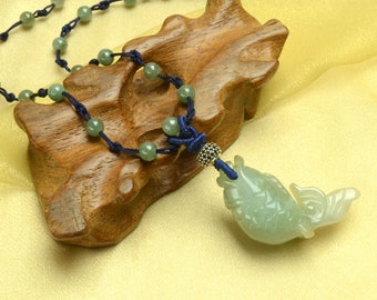 Fortune Fish Sculpted Green Jade  Amulet Necklace- Fortune Zodiac Jewelry