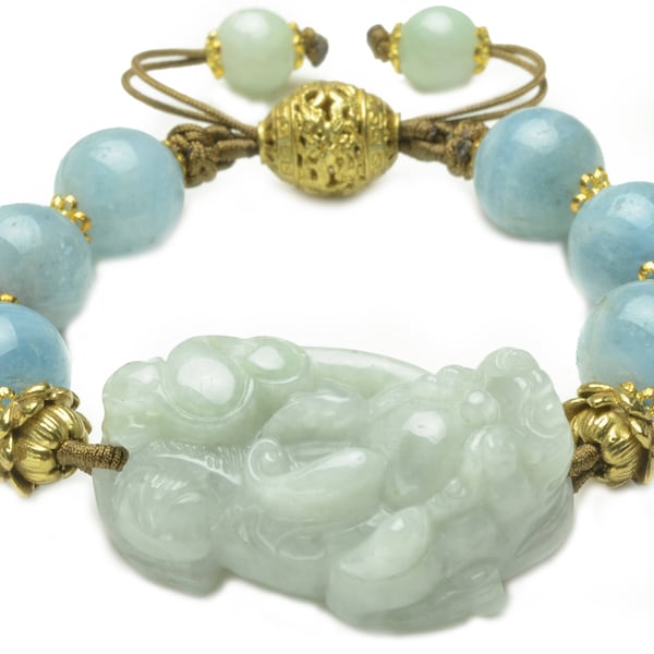 Money Rolling In Elegant Jade Tiger Amulet Aquamarine Beaded Bracelet-Feng Sui Energy Jewelry