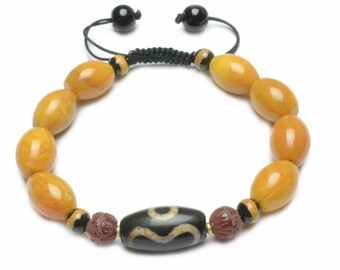 Tibetan Dzi Bead "Fortune in Front of you" with Oval Yellow Jade bead Brcelet-Fortune Buddist Jewelry