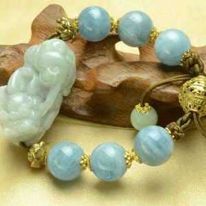 Money Rolling In Elegant Jade Tiger Amulet Aquamarine Beaded Bracelet-Feng Sui Energy Jewelry image 5