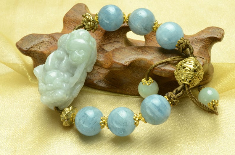 Money Rolling In Elegant Jade Tiger Amulet Aquamarine Beaded Bracelet-Feng Sui Energy Jewelry image 5