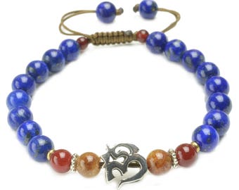 Elegant Sterling Silver Om Mantra Lapis Lazuli Zen Amulet Bracelet