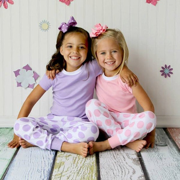 Personalized Spring Pajamas for Pajama Parties or for a Gift for Someone Special. In pink polka dots, green stripes, or purple polka dots.