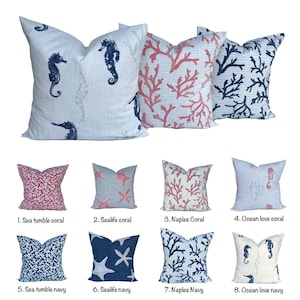 Coastal Pillow Cover Coral Navy Blue Pillow Beach Decorative pillow Coral Shells Seahorse accent pillow, Throw Pillow