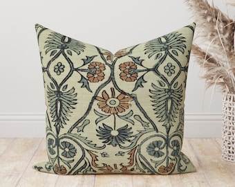 Wysokiej jakości poszewka na poduszkę w kwiaty, egejski niebieski rdzawy pomarańczowy perski kwiatowy damasceński lniany dekoracyjny rzut poduszki