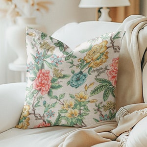 One Covington Pillow, Beige Linen Blue Pink Rose Floral Pillow Cover Decorative Home Decor