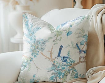 One Covington Pillow, Water color Aqua Blue Navy Spring Bird Floral Pillow Cover Decorative Home Decor