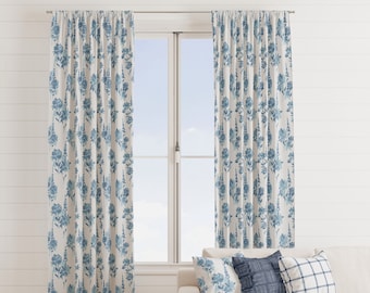 Denim blue Floral Designer Curtains, High quality Canvas cotton blue and white floral Curtain Panels, Dark blue curtains