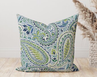 Capri Blue and Green Paisley indoor/outdoor pillow cover, Dark blue paisley abstract print decorative Outdoor throw pillow