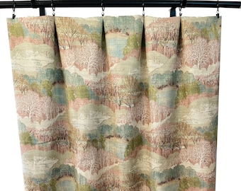 PKL Forest Curtain Panels, Blush Pink and Dusty Blue Curtains, Linen Curtain Panels,  Pink blue green Tan Tree print Curtains