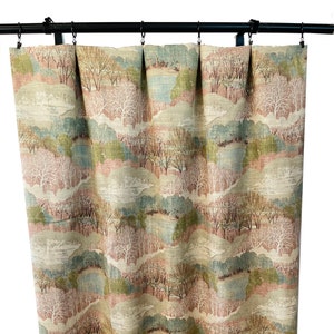 PKL Forest Curtain Panels, Blush Pink and Dusty Blue Curtains, Linen Curtain Panels,  Pink blue green Tan Tree print Curtains