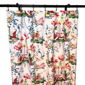Waverly East of the moon Curtain Panels, Chinoiserie Toile Duck Curtains, Dark Red Sapphire Blue Grey Pewter Black Toile Curtain Panels