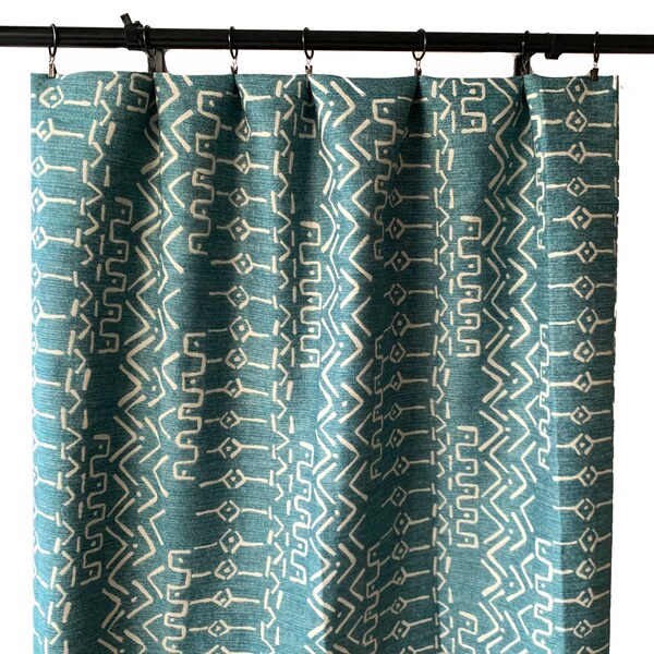 Artistry Boho Mud cloth Curtain panels,  Teal Curtain Panels, Green Mud cloth Curtains, Mid Century Curtain, Azteca Arrow