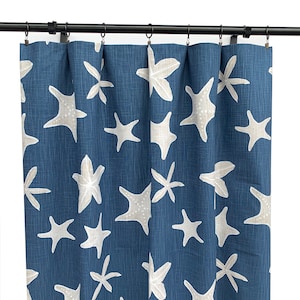Navy Blue Curtain Panels, Aquatic Print Curtain,  2 Curtain Panels, Coastal Nautical blue Curtains, Coral Sea horse Shells Curtain