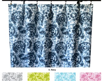 Tie Dye Curtains, Navy Blue Chartreuse Pink Grey Curtain,  2 Curtain Panels, Curtains, Home Decor, Ikat blue Curtains