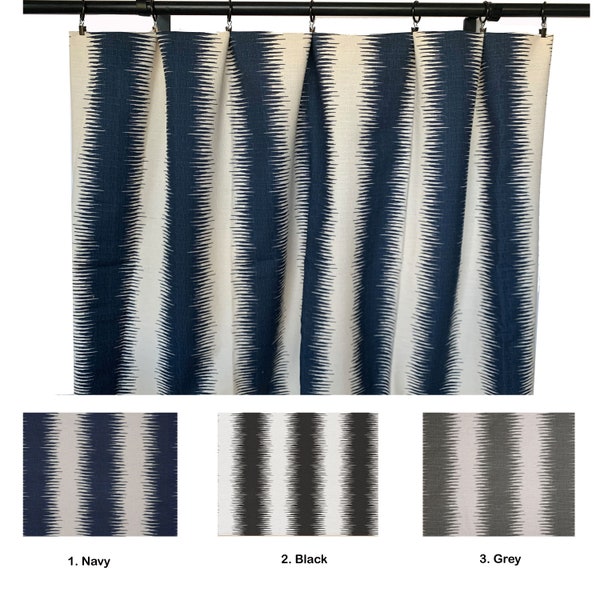 Striped Curtains, Flax Striped Curtain,  2 Curtain Panels, Navy blue Grey Black Curtains, Ikat Shibori curtain