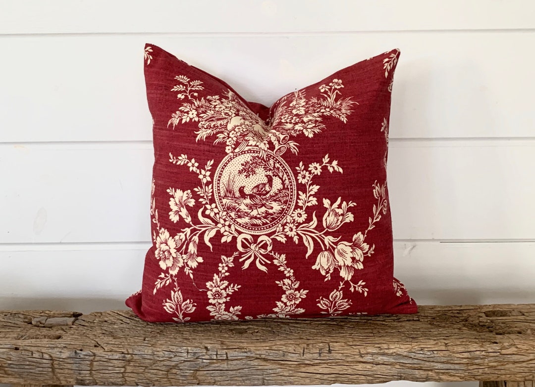 Red Toile Pillow Cover, Dark Red Pillow, Red Floral Decorative Throw