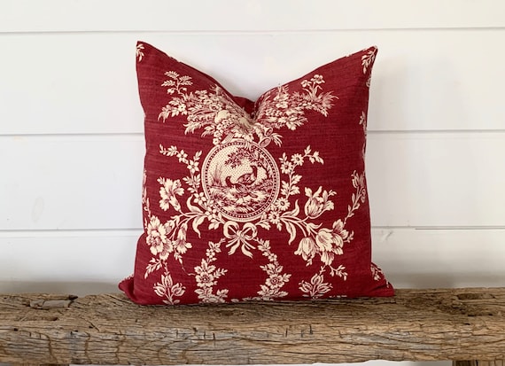 Red Toile Pillow Cover, Dark Red Pillow, Red Floral Decorative
