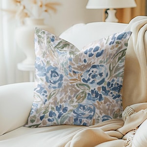 Magnolia Floral pillow cover, Yacht aqua grey blue tan green floral decorative throw pillow