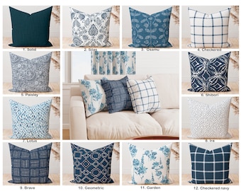 Navy and Denim Blue Designer Pillow covers , Indigo Navy Shibori Floral Checkered Dot Geometric Throw Pillow, Home decor, Navy Accent pillow