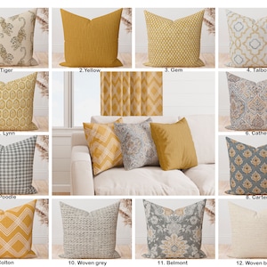 May include: A collection of 12 throw pillows featuring a variety of patterns and colours, including yellow, grey, and beige. The pillows are arranged in a grid pattern against a white backdrop. Each pillow is labelled with a number and a name, such as "Tiger", "Yellow", "Gem", "Talbot", "Lynn", "Poodle", "Cathell", "Carter", "Colton", "Woven grey", "Belmont", and "Woven beige".