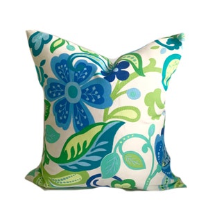 Two Blue and Green Outdoor pillow covers, Turquoise blue green Outdoor Pillow, One Floral and One Sold Green decorative throw pillow image 2