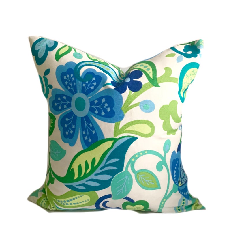Two Blue and Green Outdoor pillow covers, Turquoise blue green Outdoor Pillow, One Floral and One Sold Green decorative throw pillow image 2
