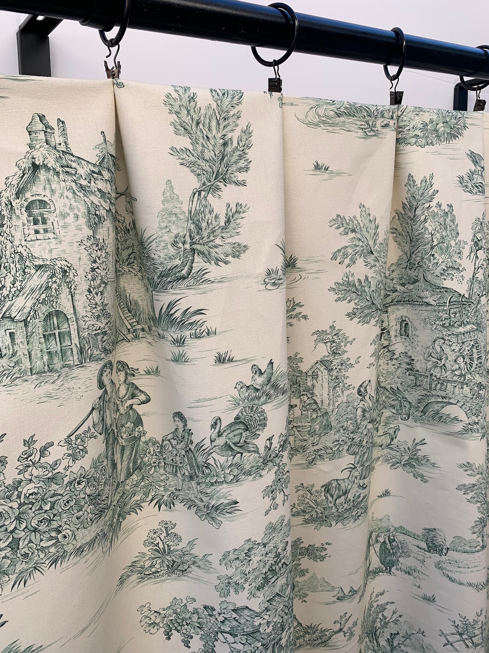 Covington Toile Curtain Panels, Sage Green Pastorale Toile Duck
