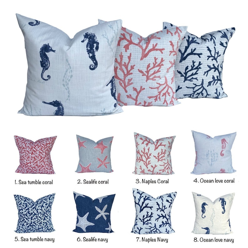 Coastal Pillow Cover Coral Navy Blue Pillow Beach Decorative Etsy