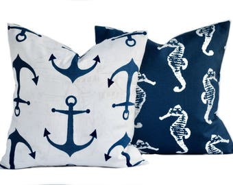 Two navy pillow covers, cushion, decorative throw pillow, decorative pillow, accent pillow, Navy pillow, Seahorse Pillow, Anchor Pillow