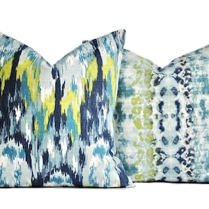 Two high quality Ikat pillow covers, Navy pillow, cushion, decorative throw pillow, decorative pillow, Lime green turquoise Pillow