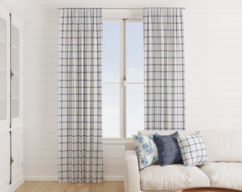 Navy and white checkered designer Curtains, Dark blue Checkered Geometric Curtain Panels, Dark blue curtains