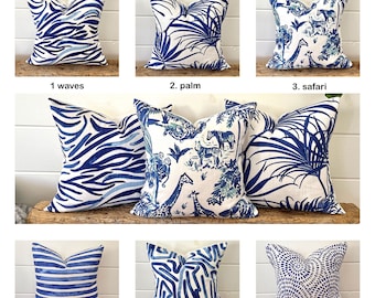 One Cobalt blue and white pillow cover, Royal blue tropical pillow, Premier prints cancun pillow, Blue stripe palm medallion safari