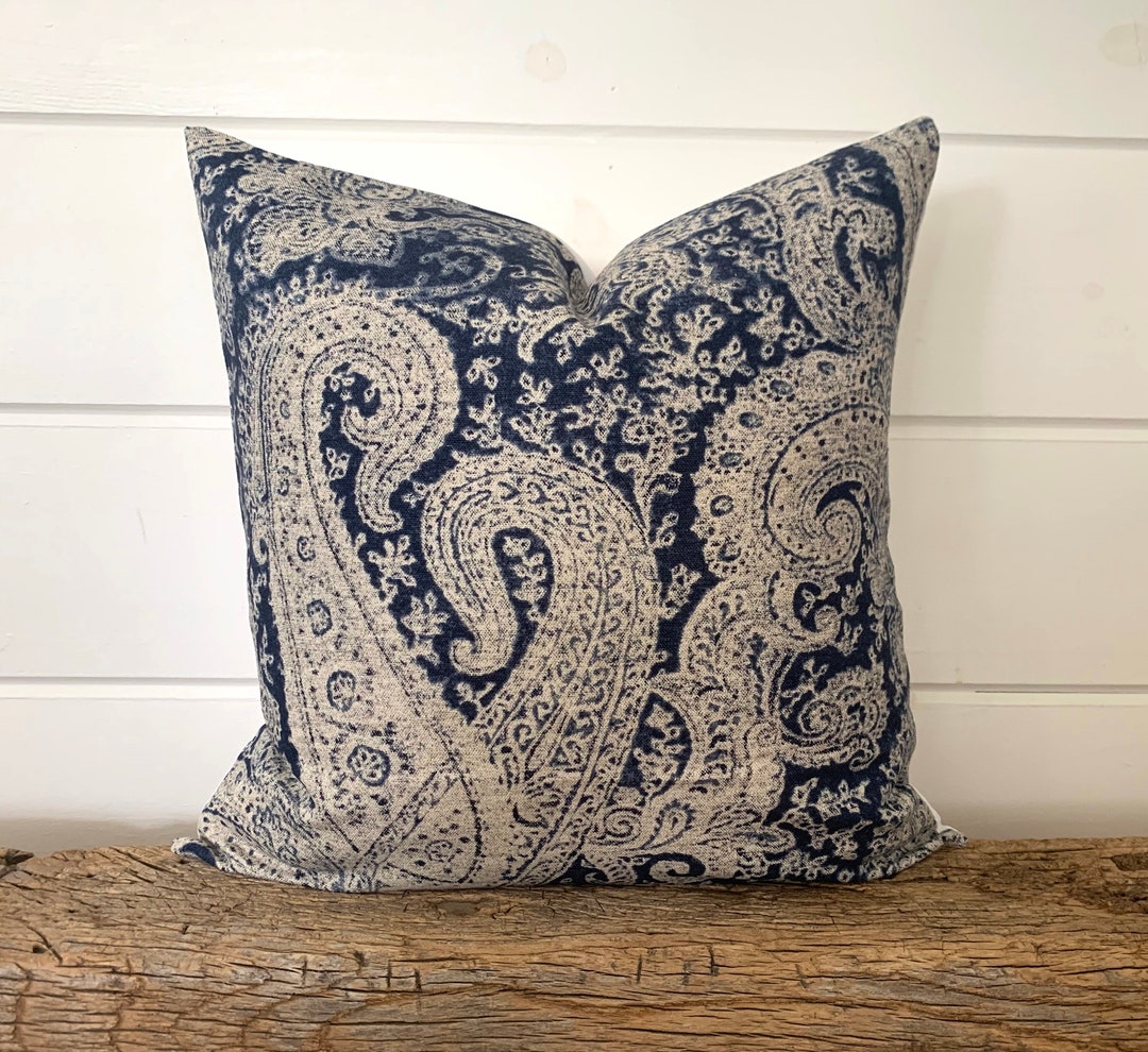 High Quality Linen Navy Paisley Pillow Cover, Decorative Pillow, Throw Pillow, Sapphire Pillow