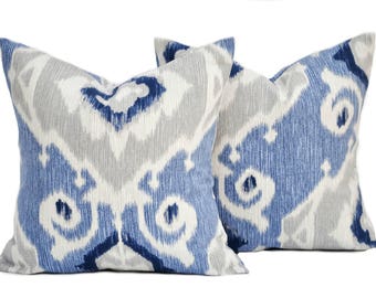 2 Ikat pillow covers, cushion, decorative throw pillow, Blue pillow, accent pillow, Grey pillow, pillow case