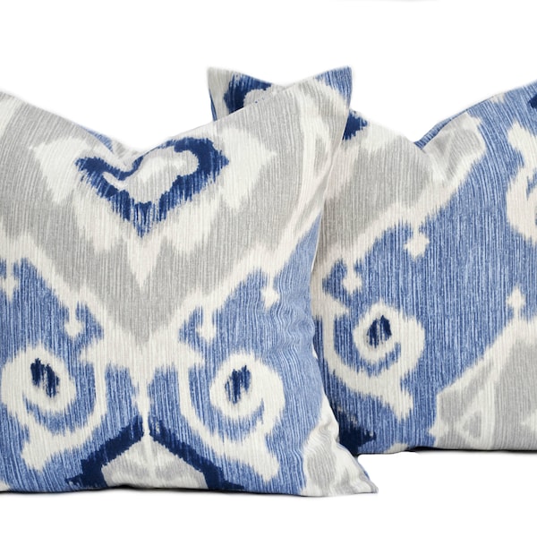 2 Ikat pillow covers, cushion, decorative throw pillow, Blue pillow, accent pillow, Grey pillow, pillow case