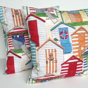 Two indoor/outdoor beach huts print pillow covers, cushion, decorative throw pillow, coral pillow, 18x18, nautical pillow