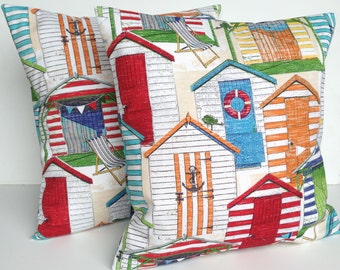 Two indoor/outdoor beach huts print pillow covers, cushion, decorative throw pillow, coral pillow, 18x18, nautical pillow