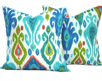 Two ikat  indoor/outdoor pillow covers, 12", 14", 16" 18" 20", throw pillow, decorative pillow, Outdoor Pillow, Blue Pillow, Green pillow