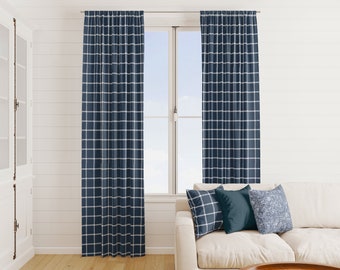 Dark navy blue Checkered Curtains, Canvas cotton Plaid Geometric Curtain Panels, Dark blue gingham curtains