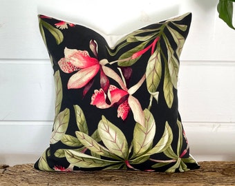 One Outdoor Orchid pillow cover, Black Tropical Pillow, decorative throw pillow, Palm tree pillow, accent pillow, Tropical outdoor pillow