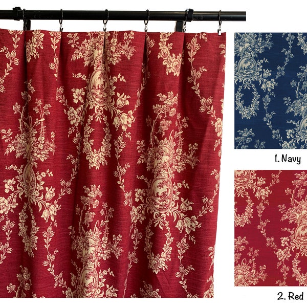 Waverly Country House Curtains, Dark Red Curtain,  2 Curtain Panels, Red Toile Curtains, Navy Toile Curtains, Red Victorian Curtains