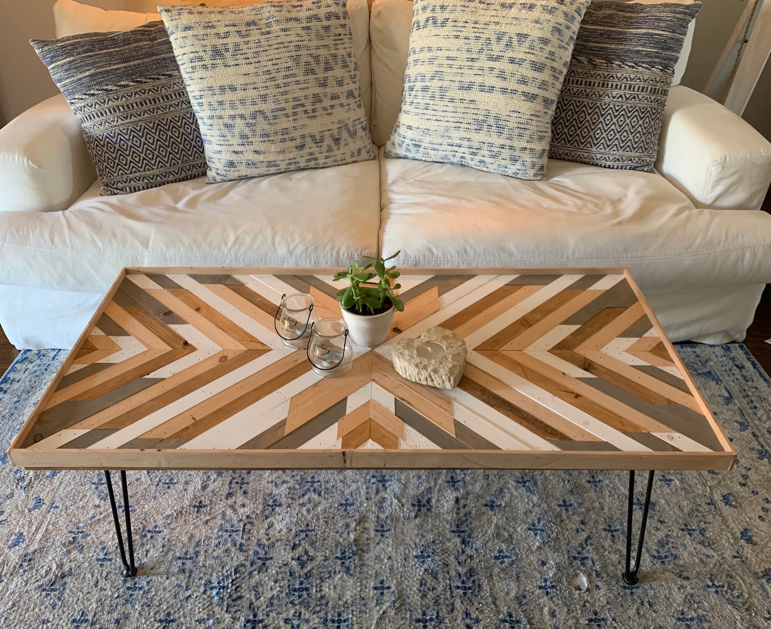 Coastal Herringbone Wood Coffee Table Rustic Table Geometric Etsy