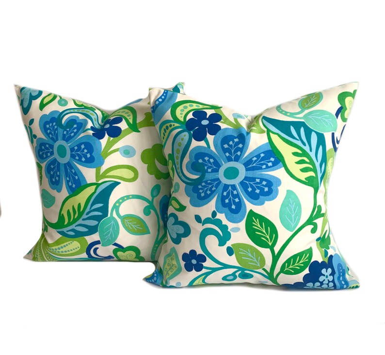 Two Blue and Green Outdoor pillow covers, Turquoise blue green Outdoor Pillow, One Floral and One Sold Green decorative throw pillow image 4